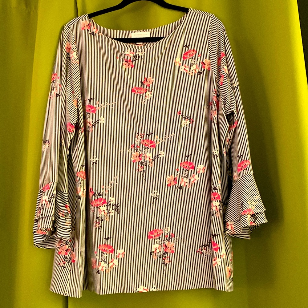 Lovely and classy bell sleeved blouse black striped with cherry blossom detail